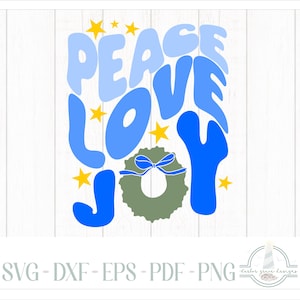 Cita navideña de paz, amor y alegría con texto retro ondulado SVG, cita navideña divertida, archivos SVG para Cricut, diseño de camiseta navideña