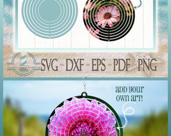 May include: A digital wind spinner template featuring a circular design with concentric rings. The graphic includes the text Wind Spinner Template, SVG, DXF, EPS, PDF, PNG, and Add your own art. One version shows a pink flower pattern.