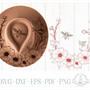 May include: A tan felt hat featuring a dark brown line art design of a bee and floral elements on the crown and brim, alongside a matching red-toned digital graphic of bees and flowers with the text SVG - DXF - EPS - PDF - PNG.