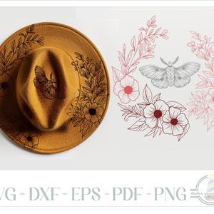 May include: A mustard yellow felt hat featuring a black line art illustration of a moth and floral vines. Beside the hat is a matching digital graphic of a moth surrounded by floral elements. The text SVG-DXF-EPS-PDF-PNG is displayed below.