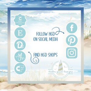 Pu&ograve; includere: Una grafica con sfondo blu e testo bianco che dice "FOLLOW HGD ON SOCIAL MEDIA" e "FIND HGD SHOPS". Ci sono icone di social media per Facebook, Pinterest e Instagram. C'&egrave; anche un logo per "Harbor Grace Designs" con un faro e il testo "Harbor Grace Designs".