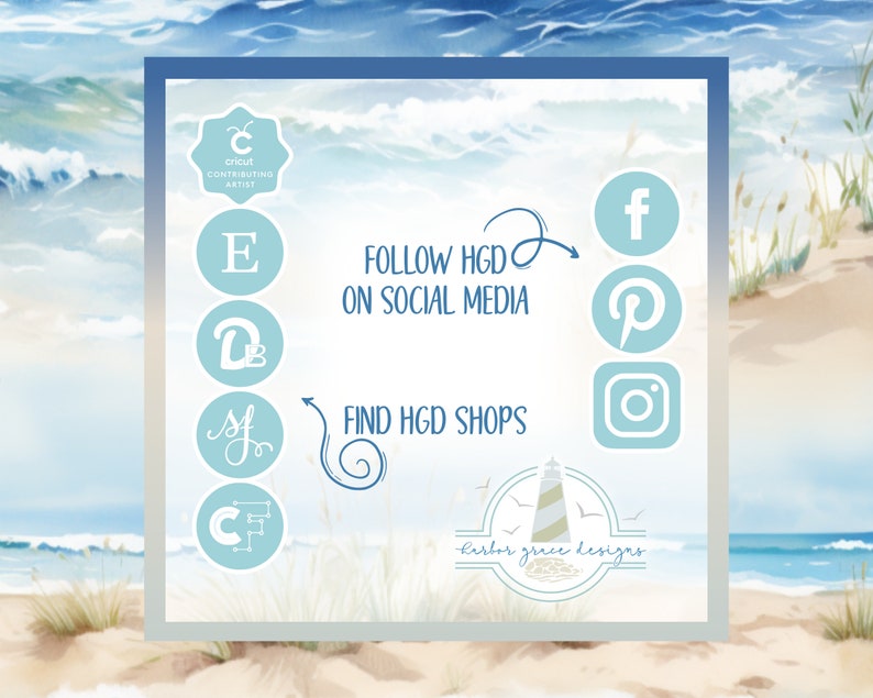 Pu&ograve; includere: Una grafica con sfondo blu e testo bianco che dice "FOLLOW HGD ON SOCIAL MEDIA" e "FIND HGD SHOPS". Ci sono icone di social media per Facebook, Pinterest e Instagram. C'&egrave; anche un logo per "Harbor Grace Designs" con un faro e il testo "Harbor Grace Designs".