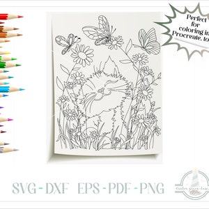 Cat and Wildflowers Printable Coloring Page, Coloring Book for Kids, 300dpi PNG, PNG Printable, Coloring Page Printable, Coloring Book image 1