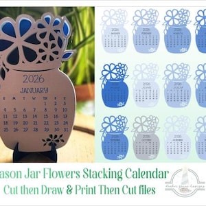 Kalendarz biurkowy z kwiatami w słoiku Mason na rok 2026, do wydrukowania, wycięcia i narysowania, w formacie PNG i SVG.