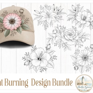 May include: A beige baseball cap featuring a pink and green floral design, accompanied by five black and white line art floral illustrations. The text Hat Burning Design Bundle is displayed at the bottom, along with a circular Harbor Grace Designs logo.