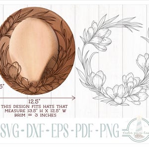 READY TO PRINT - Fits 13.5&quot;H x 12.5&quot;W hats with 3 inch brim - Crocus Spring Flower Hat Burning Design - For Pyrography
