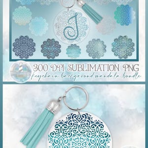 Pode incluir: Um pacote digital de arquivos PNG de sublimação a 300 DPI com padrões de mandala circulares em vários tons de azul e verde-azulado. A coleção inclui designs para chaveiros, alguns com um monograma J e uma borla azul clara.
