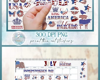 Patriottische stickerbundel voor 4 juli, printbare stickers voor Onafhankelijkheidsdag in PNG-formaat, stickerset om te printen en uit te snijden, PNG-bestanden om te printen en uit te snijden voor Cricut.