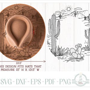 Design de chapéu de paisagem de cacto do deserto queimando - para pirografia - arquivos SVG para Cricut Silhouette - Dxf Eps Pdf Png incluído