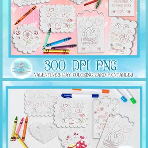 Girls Valentines Day Printable Coloring Cards with Crayon Slots - High Resolution 300 dpi PNG Coloring Cards image 1