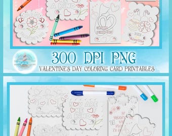 Girls Valentines Day Printable Coloring Cards with Crayon Slots - High Resolution 300 dpi PNG Coloring Cards