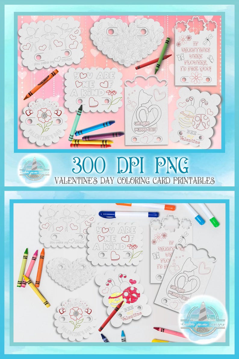 Girls Valentines Day Printable Coloring Cards with Crayon Slots - High Resolution 300 dpi PNG Coloring Cards image 1