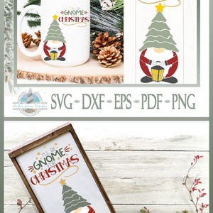 May include: A white ceramic mug and a framed wooden sign featuring a graphic of a gnome wearing a green Christmas tree hat, a red coat, and holding a yellow lantern. The text reads I'LL BE GNOME FOR CHRISTMAS in green and red lettering.