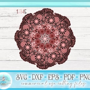 May include: A circular mandala design featuring layered floral and leaf patterns in shades of dark maroon, burgundy, and soft pink. The graphic includes the text 1 2 3 4 5 at the top and SVG, DXF, EPS, PDF, PNG commercial use cutting files at the bottom.