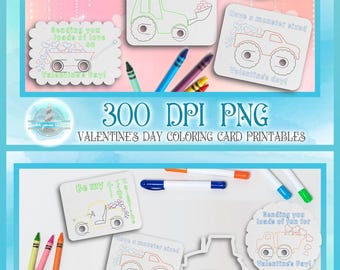 Boys Valentines Day Printable and Single Line Drawing Coloring Cards with Crayon Slots - High Resolution 300 dpi PNG Coloring Cards