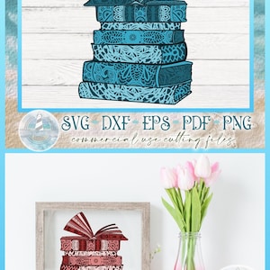 May include: A digital graphic file set featuring a stack of books with intricate mandala-style patterns in shades of blue and red. The text 12345, SVG, DXF, EPS, PDF, PNG, and commercial use cutting files are visible on the image display.