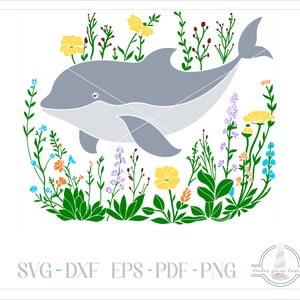 Whimsical Dolphin With Wildflowers SVG, SVG Files for Cricut Silhouette Paper Crafting, Laser