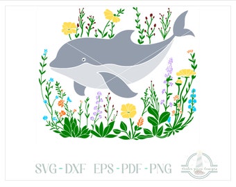 Whimsical Dolphin With Wildflowers SVG, SVG Files for Cricut Silhouette Paper Crafting, Laser