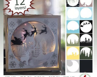 Christmas SVG, 3D Santa Sleigh Over Town SVG, Multi Layered Design, SVG Files for Cricut Silhouette Paper Crafting, Laser, Scroll Saw