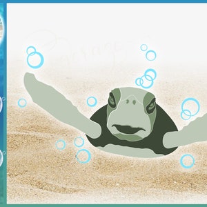 May include: A green sea turtle with a light green shell is swimming in the ocean. The turtle is looking directly at the viewer. There are blue bubbles around the turtle.