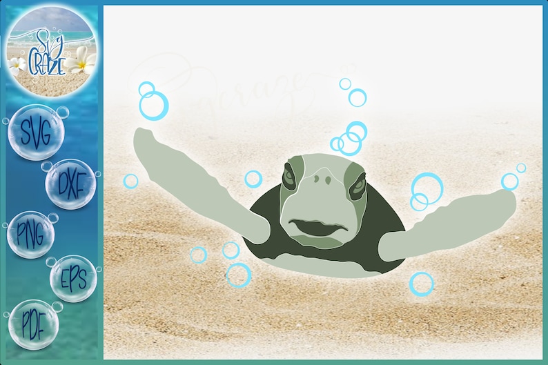 May include: A green sea turtle with a light green shell is swimming in the ocean. The turtle is looking directly at the viewer. There are blue bubbles around the turtle.