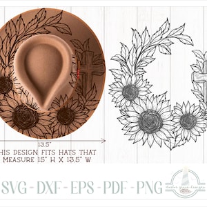 READY TO PRINT - Fits 15&quot;x13.5&quot; hats - Cross with Sunflowers and Leaves Hat Burning Design - For Pyrography - Printable Pdf & Word Doc