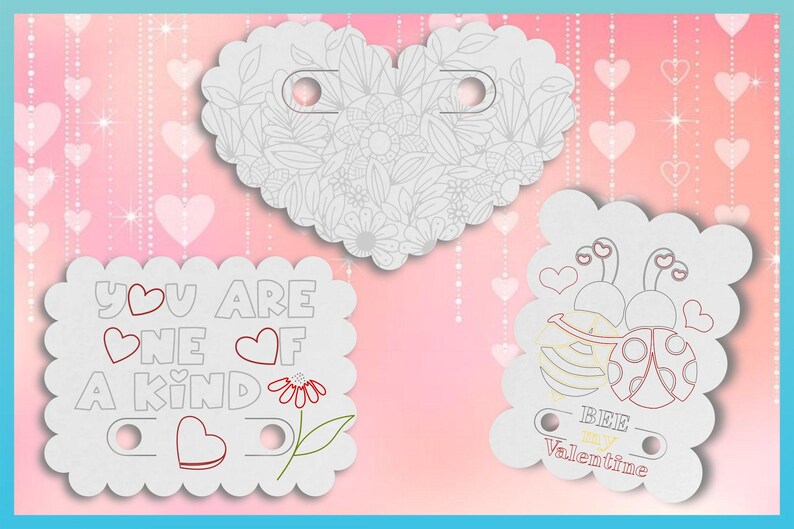 Girls Valentines Day Printable Coloring Cards with Crayon Slots - High Resolution 300 dpi PNG Coloring Cards image 4