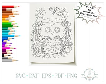 Owl and Wildflowers Printable Coloring Page, Coloring Book for Kids, 300dpi PNG, PNG Printable, Coloring Page Printable, Coloring Book