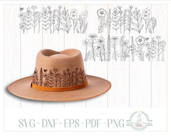 May include: A tan felt hat with a wide brim and a brown band, featuring a dark brown line art illustration of wildflowers and a bee around the crown. The image includes digital floral line art files labeled SVG, DXF, EPS, PDF, and PNG.