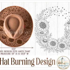 Puede incluir: Un sombrero de fieltro color canela con un diseño pirograbado de girasoles, margaritas, un colibrí y estrellas. El diseño mide 38,1 cm de alto por 34,3 cm de ancho. El texto dice: THIS DESIGN FITS HATS THAT MEASURE 15" H X 13.5" W y Hat Burning Design.