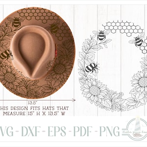 Könnte beinhalten: Ein beigefarbener Filzhut mit einem dunkelbraunen, lasergravierten Design aus Sonnenblumen, Bienen und Wabenmustern. Das Design misst 38,1 cm in der Höhe und 34,3 cm in der Breite. Das Bild enthält eine schwarz-weiße Strichzeichnung und Dateiformate.