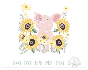 Whimsical Pig With Wildflowers SVG, SVG Files for Cricut Silhouette Paper Crafting, Dxf, Eps, Pdf and Png files included