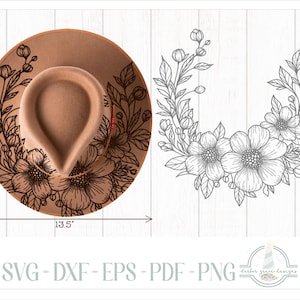May include: A tan wide-brimmed hat featuring a black floral line art design, accompanied by a matching black floral wreath graphic. Dimension arrows indicate a height of 15 inches and a width of 13.5 inches. Text includes SVG, DXF, EPS, PDF, PNG.