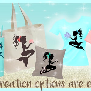 May include: A set of customizable mermaid-themed products, including a tote bag, t-shirts, tumblers, and a pillow. The products feature a silhouette of a mermaid holding a seashell. The text "your creation options are endless!" is at the bottom of the image.
