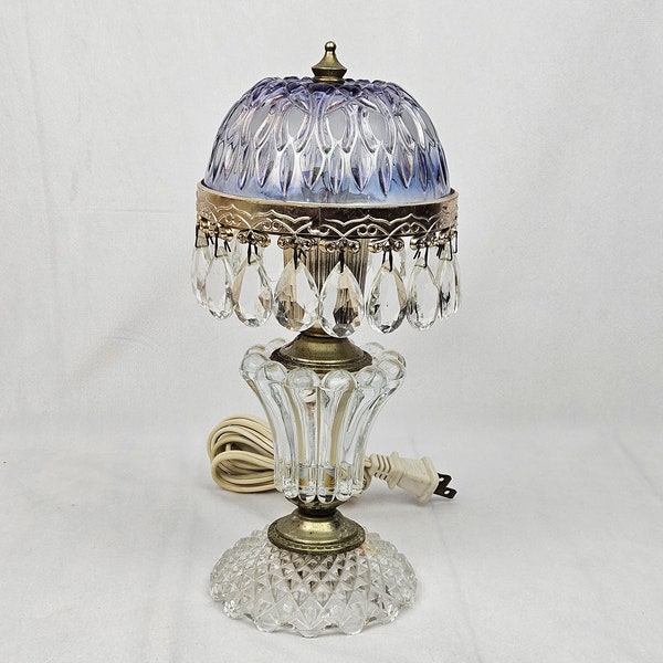 Vintage Michelotti Crystal Glass Boudoir Lamp, Blue Shade, Romantic Small Parlor Bedroom Table Light, 10", Made Holland, Mid Century, Works