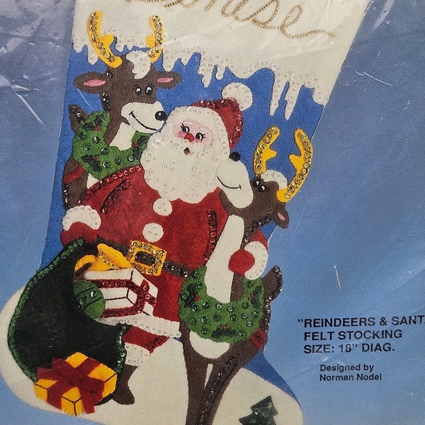 Vintage Bucilla Christmas Felt Stocking Kit, Reindeers and Santa #82517, 18" Diagonal, Sequins, Red Green Gold, Norman Nodel, Made in USA