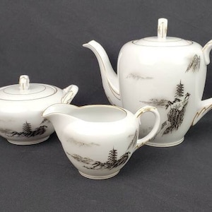 Fukagawa Arita Landscape 903 Three Piece Tea Set, White Porcelain, Black Mountains and Pagoda, Gold Trim, Handpainted, Made Japan, Excellent