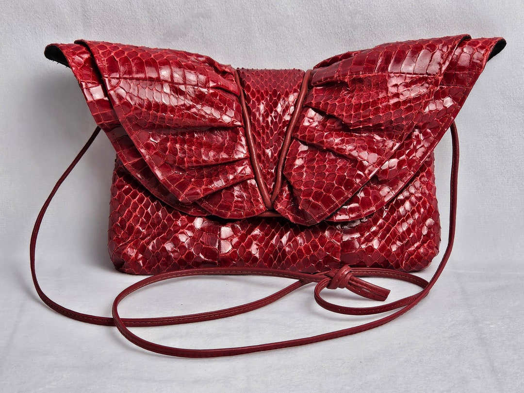 Python Italian Handbag Red Genuine Python Bright Red Evening Bag, Shoulder Strap, Small Snakeskin ...