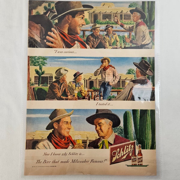 1948 Schlitz Beer Magazine Ad, Cowboys Drinking Beer At Ranch House, The Beer That Made Milwaukee Famous, Man Cave Art, Frameable, 14" x 11"