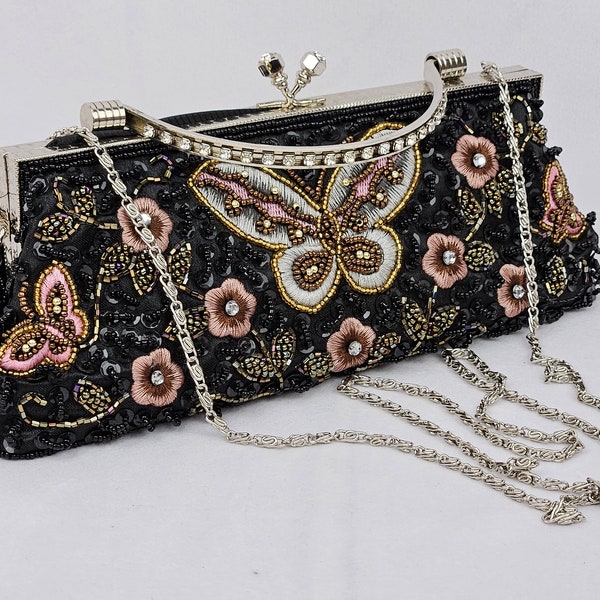 Vintage Beaded Butterfly Evening Bag Clutch, Removable Shoulder Strap Black and Pink, Silver Chain, Snap Close, Intricate Detailed Bead Work