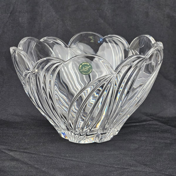 Lenox 10 Inch Crystal Tulip Flower Bowl, Scalloped Rim, Made In Germany, Large Size Fruit Bowl, Lenox Green Sticker, Excellent, No Chips