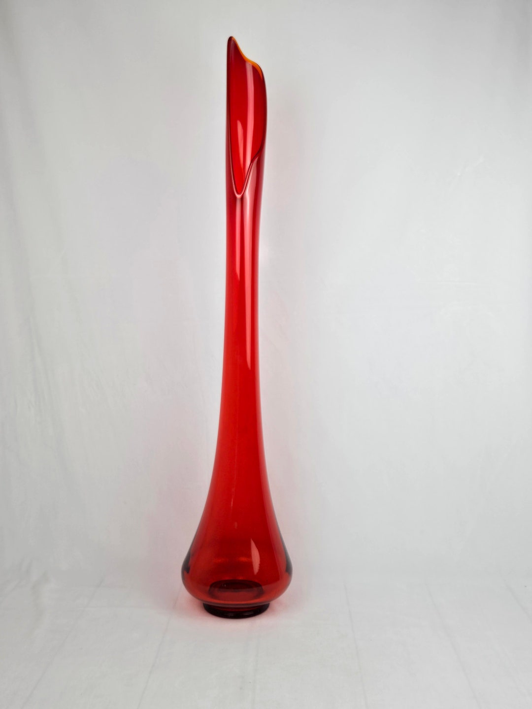 L. E. Smith Large Red Glass Swung Floor Vase, 33 Tall, Bright Red, 1960