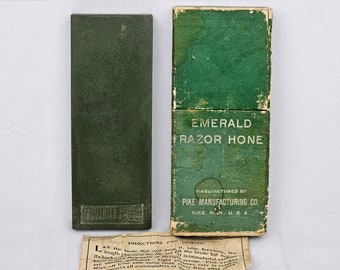Vintage Emerald Razor Home mit Box und Anleitung, grüner Stein, antiker Rasiermesserschärfer, rechteckig, Pike Manufacturing, USA