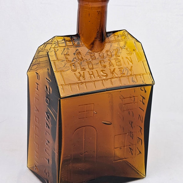 Mid Century E.C. Booz Old Cabin Whiskey Bottle, Amber Brown, Clevenger Brothers, New Jersey, USA, 1950s-1960s, Antique Liquor, Excellent