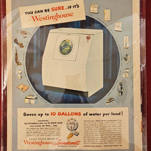 1940's Westinghouse Washing Machine Magazine Ad, You Can Be Sure If Its A Westinghouse, Carlsbad Caverns on Reverse, Frameable Retro Decor
