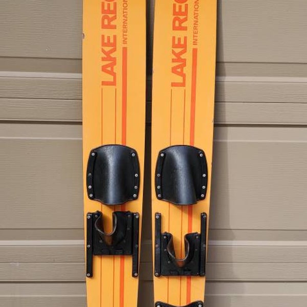 Vintage Lake Region International Omega1 Wood Waterskis Pair, for Lake Cabin Cottage Decor, Yellow with Orange Logos, 1970s, Made In USA