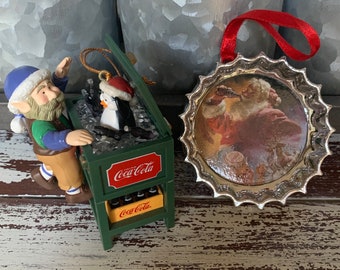 Vintage Coca Cola Ornaments ~ Set of 2 ~ Santa's Elf and Penquin 1996 ~ Coca Cola Bottle Cap Ornament 1997
