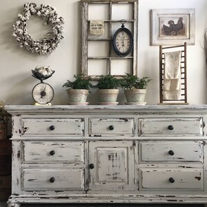 SOLD . Large Farmhouse 9 Drawer Dresser or Buffet made by Broyhill Chippy White Distressed Furniture image 1