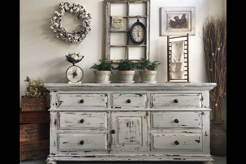 SOLD . Large Farmhouse 9 Drawer Dresser or Buffet made by Broyhill Chippy White Distressed Furniture image 1