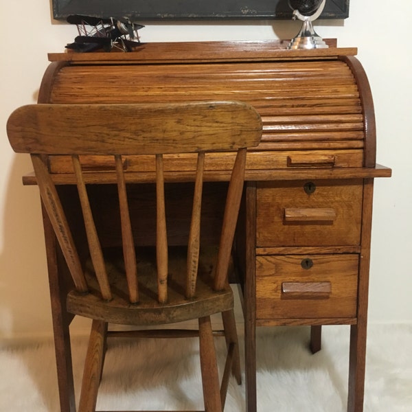Reserved for Kelly *** Child's Oak Roll Top Desk and Chair /  Boy's Desk / Interior Pigeon Holes / Locking Drawer and Key